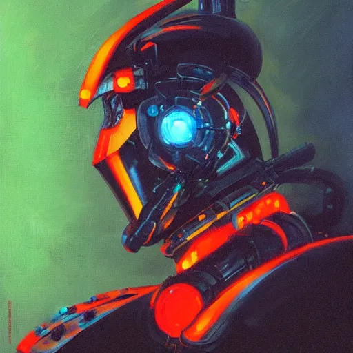 Image similar to a dark and colorful close - up side profile portrait of a sci - fi mecha robot with led lights glowing fog in the background. highly detailed science fiction painting by norman rockwell, frank frazetta, and syd mead. rich colors, high contrast, gloomy atmosphere, dark background. trending on artstation