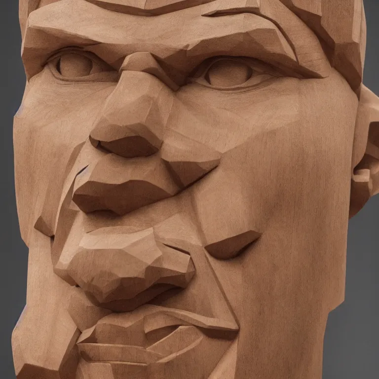 Image similar to monumental sculpture geometric minimalist!!! accurate portrait of chris hemsworth, beautiful symmetrical!! face accurate face detailed face realistic proportions, hand - carved out of red oak wood on a pedestal by stephan balkenhol and martin puryear, cinematic lighting shocking detail 8 k