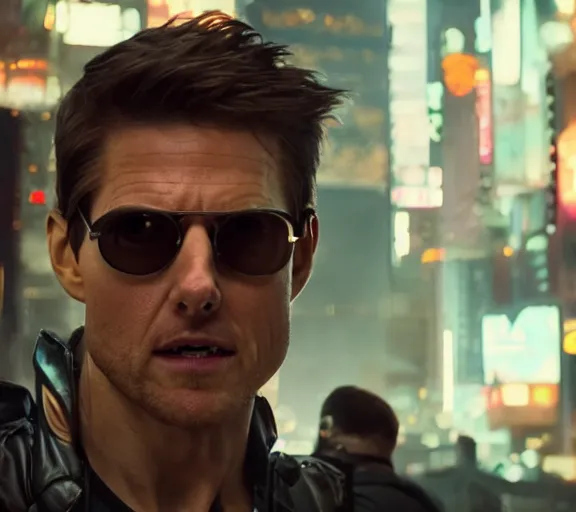 Prompt: high - resolution 8 k video still from a cyberpunk movie starring tom cruise,