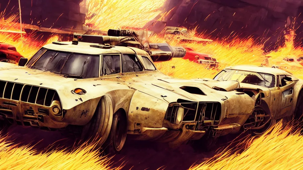 Image similar to anime illustration of mad max's fj 4 0 pursuit special, the last v 8 interceptor driving down to the gates of valhalla highway, riding fury road eternal shiny and chrome, world of fire and blood, by makoto shinkai, ilya kuvshinov, lois van baarle, rossdraws, basquiat, global illumination ray tracing hdr