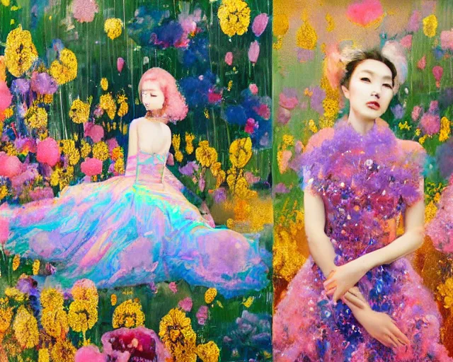 Image similar to lee jin - eun in elegant chic holographic dress emerging from gold gold by martine johanna, michael garmash and katsuhiro otomo, rule of thirds, seductive look, beautiful, cotton candy clouds, puyallup berteronian, himalayan poppy flowers, sea holly flowers, gorgeous