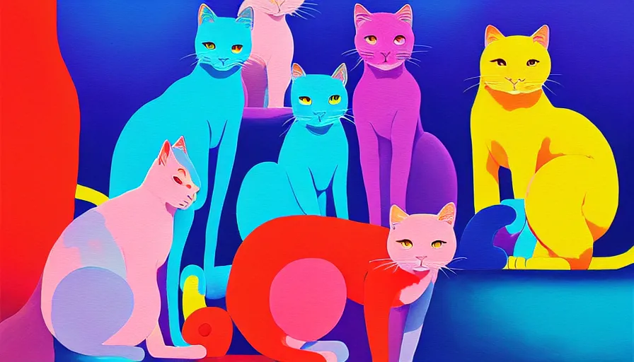 Image similar to contemporary semi abstract acrylic painting of really tall sitting cats by makoto shinkai, by lisa frank, by greg rutkowski, thick brush strokes and visible paint layers, multicolor color scheme