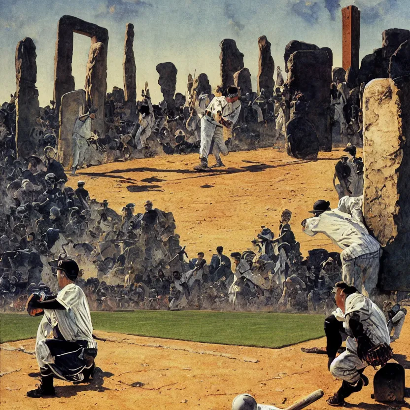 Image similar to a baseball field with ancient monoliths with glowing runes. highly detailed science fiction painting by norman rockwell and syd mead. rich colors, high contrast, gloomy atmosphere, dark background.