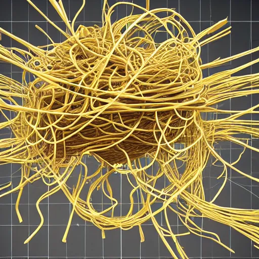 Prompt: flying spaghetti monster creating spaghetti code, 3d render
