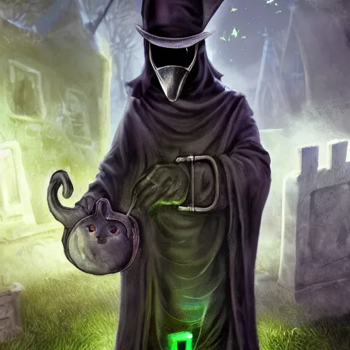 Image similar to a plague doctor cat with techo armor with rgb led lights in a graveyard, digital painting, awesome, highly detailed, spooky, gothic, scifi, horror