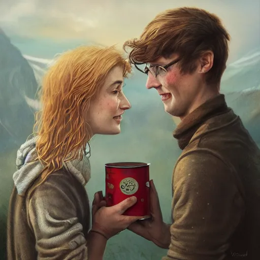 Prompt: a highly detailed portrait from behind of a young couple from the side, holding a tin can, remote icelandic village, summer, jeans and t shirt, blonde hair, muted colors, by tom bagshaw, trending on artstation,