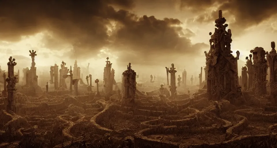 Prompt: circular bone labyrinth made out of gigantic monster bones, art deco medieval style, grimdark vibes, golden skeleton statue in center of labyrinth, abandoned vibes, gloomy moody clouds, god sun rays, complimentary color scheme, G liulian Art style, dynamic lighting, highly detailed, cinematic landscape, octane render, unreal engine