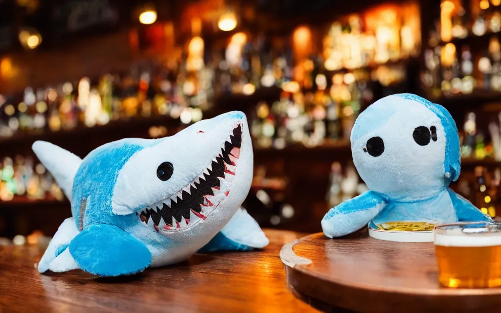 Image similar to Shark plush ordering a beer at a bar, stuffed toy, fish, dim lighting, 50mm, depth of field