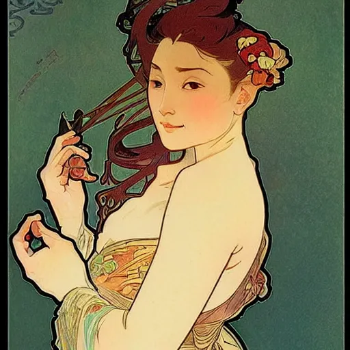 Image similar to beautiful women with oriental faces, character portrait, sharp, art by alphonse maria mucha