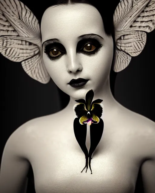 Image similar to surreal mythical dreamy dark artistic black and white fine art 3 / 4 fashion portrait photo of a young beautiful delicate female robot - owl with orchid - doll face, rim light, cinematic, studio dramatic light, poetic, masterpiece, octane render, 8 k, photo - realistic by gustave dore hg giger tamara de lempika