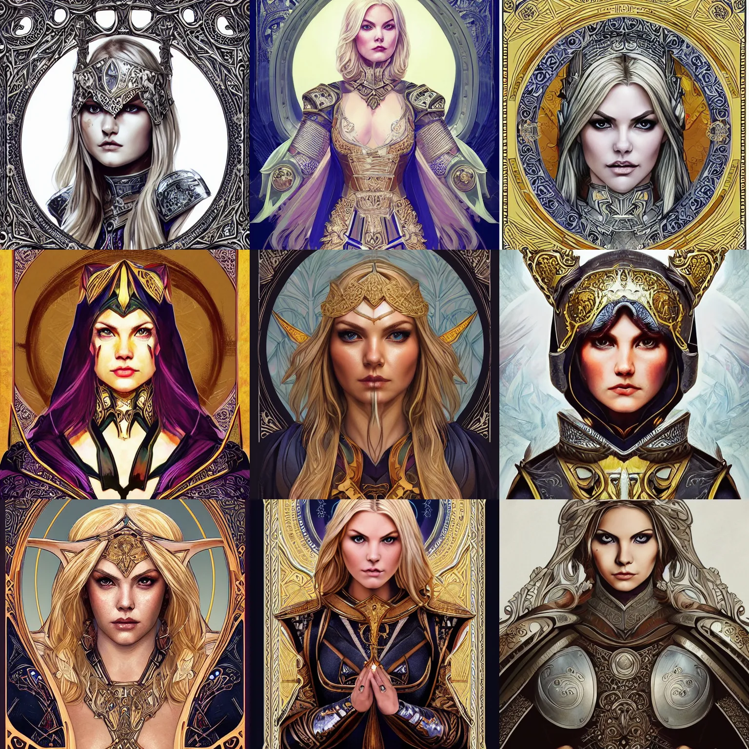 Prompt: head-on symmetrical centered painted portrait, Elisha Cuthbert as a paladin, blonde hair, ornate heavy plate armour, art nouveau, tarot card style, medieval robes, fantasy, intricate, elegant, highly detailed, smooth, sharp focus, illustration, artstation, in the style of Artgerm and Anna Podedworna and Alex Ross and Mucha