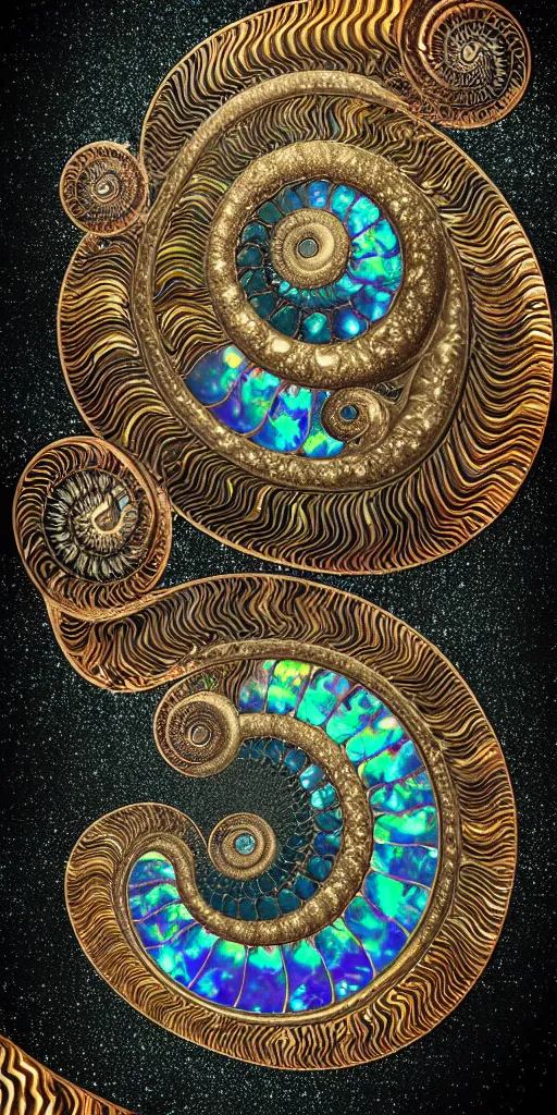 Image similar to cinematic landscape, art nouveau cresting oil slick waves, ammonite, bubbles in a shiny iridescent oil slick wave, black opals, ornate copper patina art nouveau spiral ornament, rococo, organic rippling spirals, hyperdetailed photorealistic ultrasharp octane render