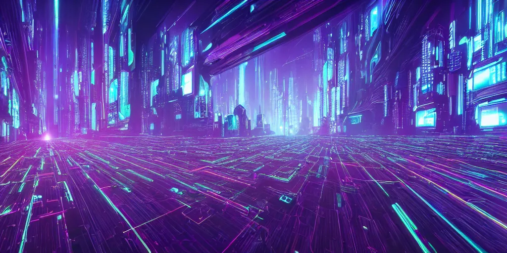 Image similar to a landscape view of a cybernetic cathedral overlooking an higway made of rows of glowing codes and symbols, energy surges, cyberpunk, beautiful detailed, cinematic, strong lighting, hi - fructose art magazine, photorealistic, 8 k, gradient cyan to purple, by paul lehr and david heskin