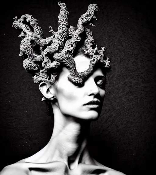 Image similar to dark background, a black and white high quality dreamy photo of a young beautiful female queen-vegetal-dragon-cyborg bust with a very long neck and delicate Mandelbrot fractal face, anatomical, facial muscles, veins, arteries, elegant, highly detailed, flesh highly baroque ornate, hair are curled wired cables, elegant, poetic, dreamy, mysterious, high fashion, rim light, in the style of Ellen von Unwerth, Realistic, Refined, Digital Art, Highly Detailed, Cinematic Lighting, rim light, black and white, photo-realistic, 8K