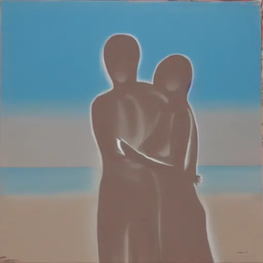 Prompt: silhouette of a couple hugging on a beach, blue tint, expressionist, oil on canvas