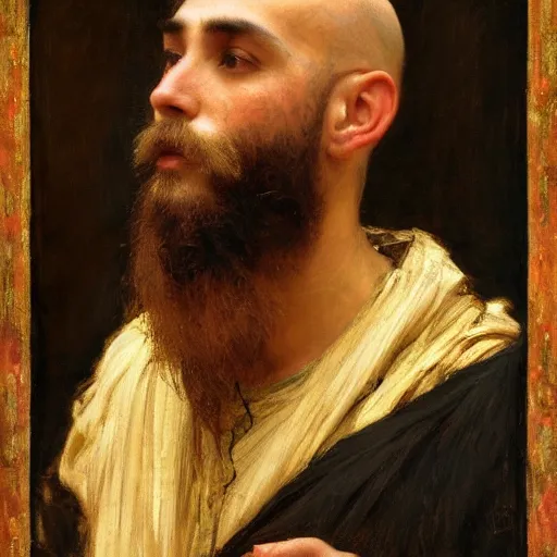 Prompt: orientalist painting of a balding bearded man with a square jaw intricate portrait by john william waterhouse and Edwin Longsden Long and Theodore Ralli and Nasreddine Dinet, oil on canvas. Cinematic, hyper realism, dramatic lighting, high detail 8k
