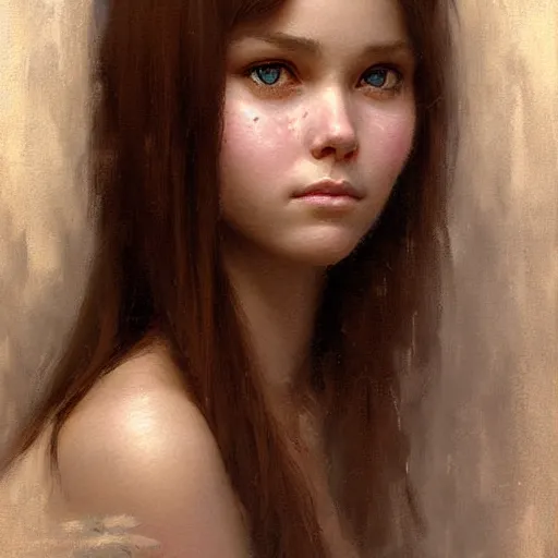 Image similar to Facial portrait of a cute shy girl, looking at the camera, slight awkward smile, lips slightly parted, no hands visible,, intricate, extremely detailed painting by Greg Rutkowski and by Henry Justice Ford and by Steve Henderson and Jean Giraud