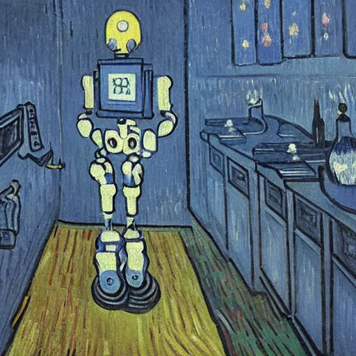 Image similar to A robot walking in the backrooms, painted by Vincent Van Gogh