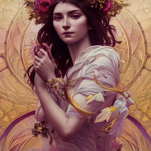 Prompt: goddess, flower goddess, antheia, greek, intricate, elegant, ethereal, highly detailed, digital painting, artstation, concept art, smooth, sharp focus, illustration, art by artgerm and greg rutkowski and alphonse mucha