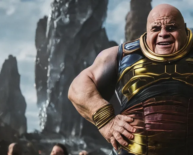 Image similar to danny devito as thanos, cinematic, anamorphic, dramatic, 4 0 mm f / 2. 8