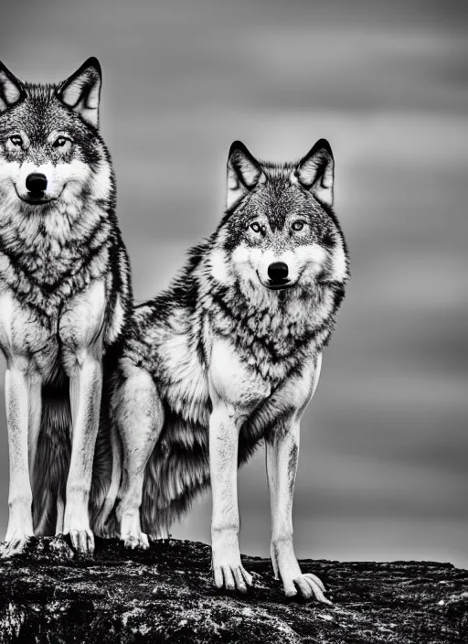 Image similar to two wolves black and white portrait white sky in background