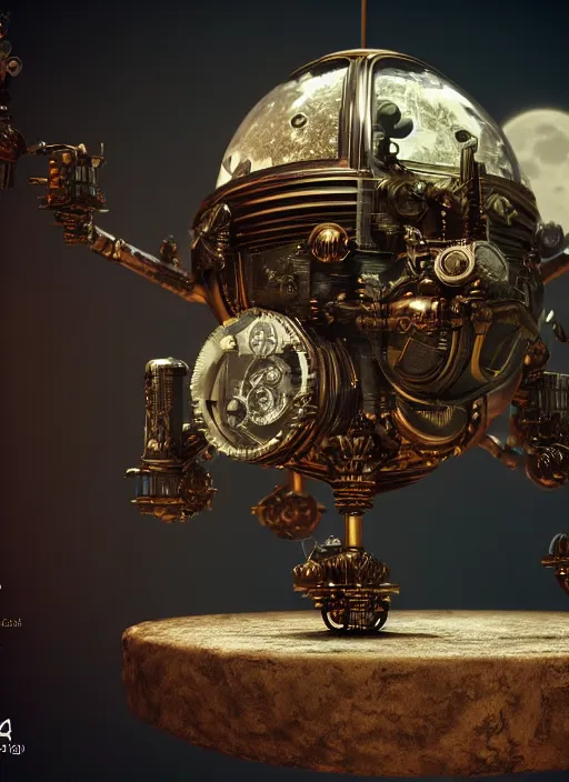 Prompt: tiny steampunk robot lunar probe, intricate detail, hyper detailed, ultra realistic, sharp focus, octane render, lantern, volumetric, ray tracing, artstation trending, moon, flowery, pocketwatch, cgsociety, sense of awe, mystical, moon, 4 k