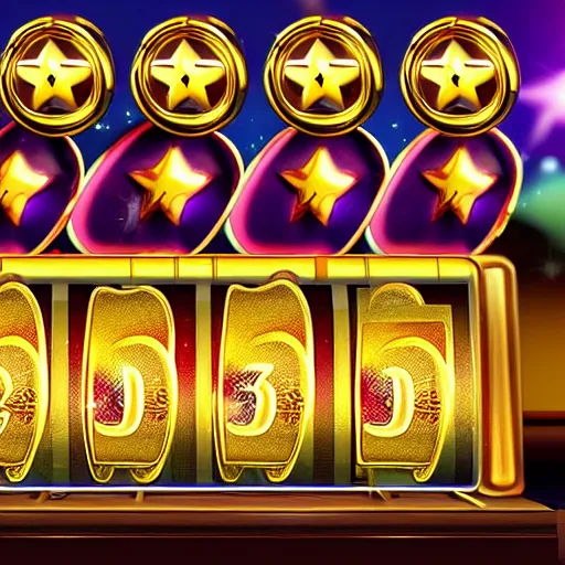 Image similar to A slot machine showing five stars and pouring out golden coins, realistic, unreal,