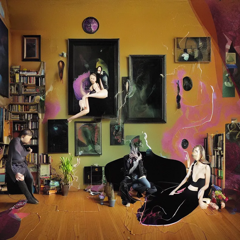 Image similar to Portrait of man and woman feeling love in the living room of a house, floating dark energy surrounds them. There is one plant to the side of the room, surrounded by a background of dark cyber mystic alchemical transmutation heavenless realm, fish eye lens, cover artwork by francis bacon and Jenny seville, midnight hour, part by adrian ghenie, part by jeffrey smith, part by josan gonzales, part by genieve figgis, part by norman rockwell, part by phil hale, part by kim dorland, artstation, highly detailed