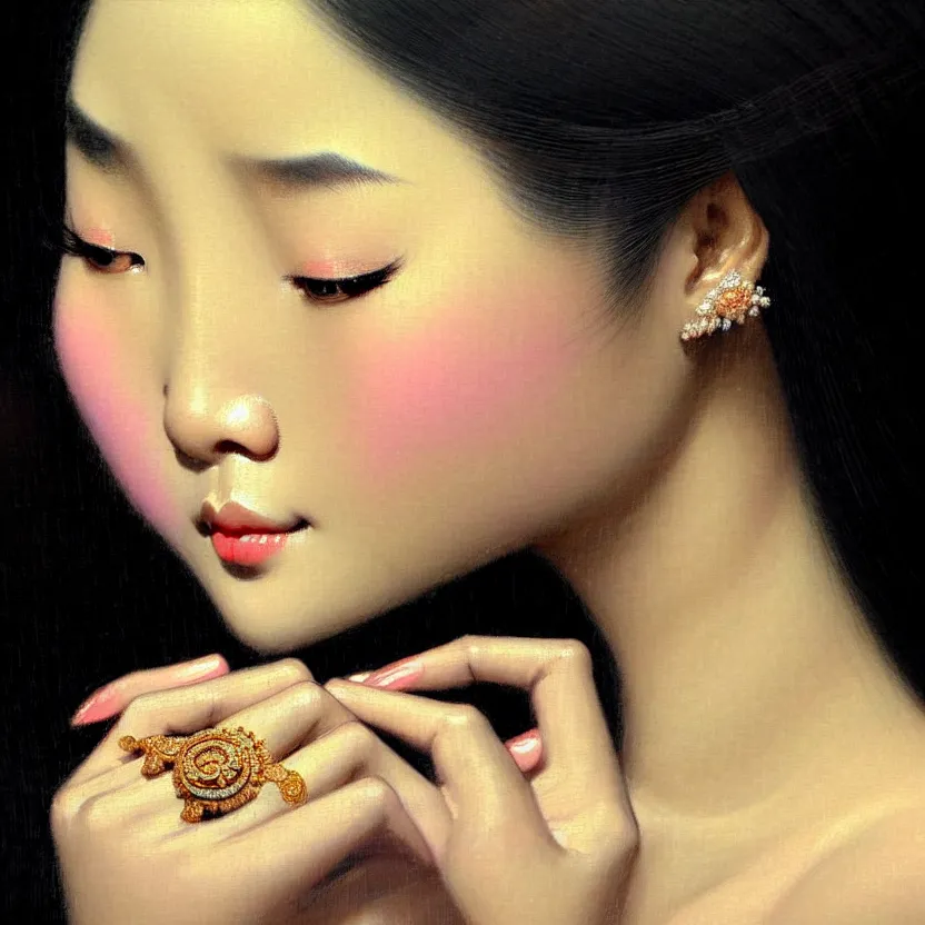 Image similar to close up portrait of the elegantly beautiful, sophisticated, fashionable, slender, rich, wholesome, young vietnamese princess, imagining the rings of saturn. intricate eye detail focus, baroque, batik, by norman rockwell, range murata jeremy lipking, trending on pinterest, vivid 8 k sharp depth of field, pristine global illumination, smooth 3 d, wallpaper quality.