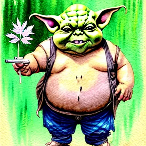 Image similar to a realistic and atmospheric watercolour fantasy character concept art portrait of a fat chibi yoda wearing a wife beater and jeans with pink eyes smiling and holding a blunt with a pot leaf nearby, by rebecca guay, michael kaluta, charles vess and jean moebius giraud