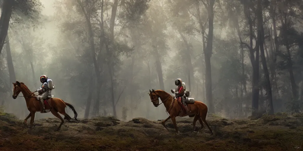 Image similar to american astronaut in an indian forest riding a beautiful horse, elegant scene, wide angle, cinematic, ultrarealistic, trending on artstation, cgsociety, highly detailed, color graded, rendered in Unreal Engine 4k HQ, matte painting, by simon stalenhag, horizon forbidden west