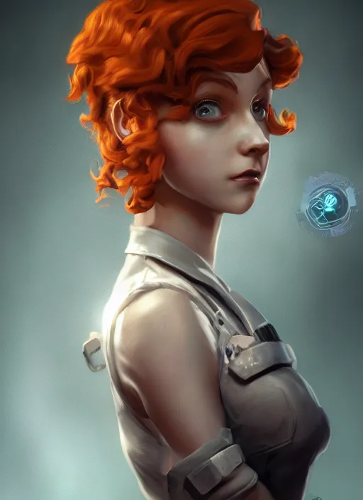 Image similar to biohazard portrait of curly orange hair girl bioshock, au naturel, hyper detailed, digital art, trending in artstation, cinematic lighting, studio quality, smooth render, unreal engine 5 rendered, octane rendered, art style by klimt and nixeu and ian sprigger and wlop and krenz cushart