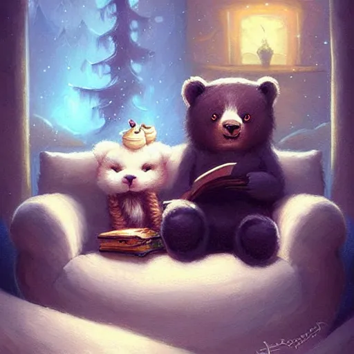 Image similar to bear and cat sitting in couch, cute and adorable, pretty, beautiful, fantasy painting, DeviantArt Artstation, by Jason Felix by Steve Argyle by Tyler Jacobson by Peter Mohrbacher, cosy atmoshpere