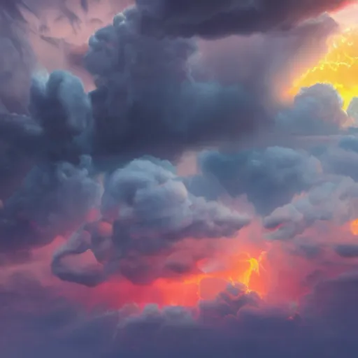 Image similar to burning clouds, thunder, 4k, post-processing, very very detailed, artstation, cute