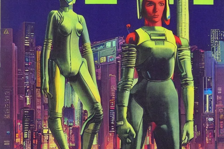 Image similar to 1979 OMNI Magazine Cover of vervet apeling Paladin . window showing neo-Tokyo streets behind her. in cyberpunk style by Vincent Di Fate