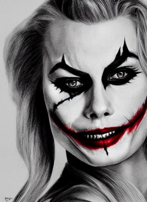 Image similar to pencil drawing of margot robbie with joker makeup, ace card, realistic face, black and white, hyper realistic, highly detailed