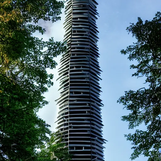 Image similar to a huge futuristic tower in the middle of a calm forest