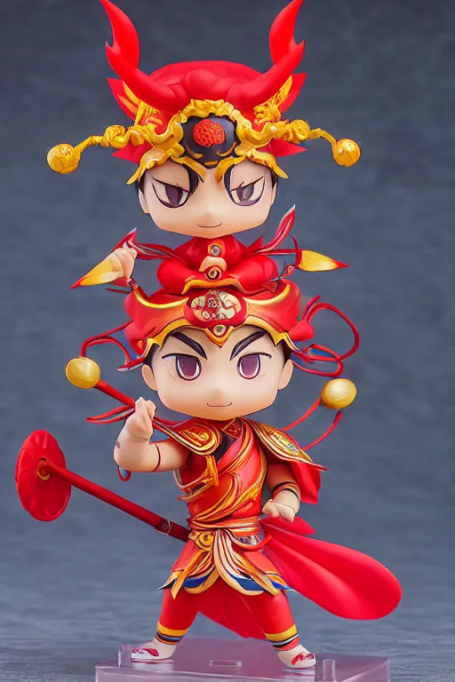 Image similar to arty chinese mythology ne zha nendoroid full body hyperdetalied, hero action pose, osamu tezuka, macoto takahashi, chibi, q posket, 8 k realistic, 3 d, cryengine, exquisite, red cloth around his shoulders, hold spear, ne zha ( 2 0 1 9 ), fenghua zhong,