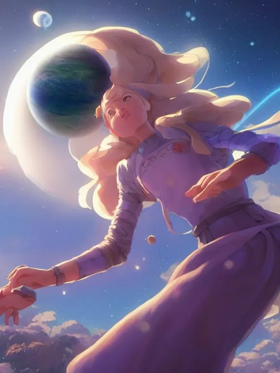 Image similar to a godly, wise, powerful giant girl wearing a skirt in space holding a small planet in her left hand. Soft lighting, cosmic skies, stunning, 8K, octane render. By Makoto Shinkai, Stanley Artgerm Lau, WLOP, Rossdraws, James Jean, Andrei Riabovitchev, Marc Simonetti, krenz cushart, Sakimichan, D&D trending on ArtStation, digital art.