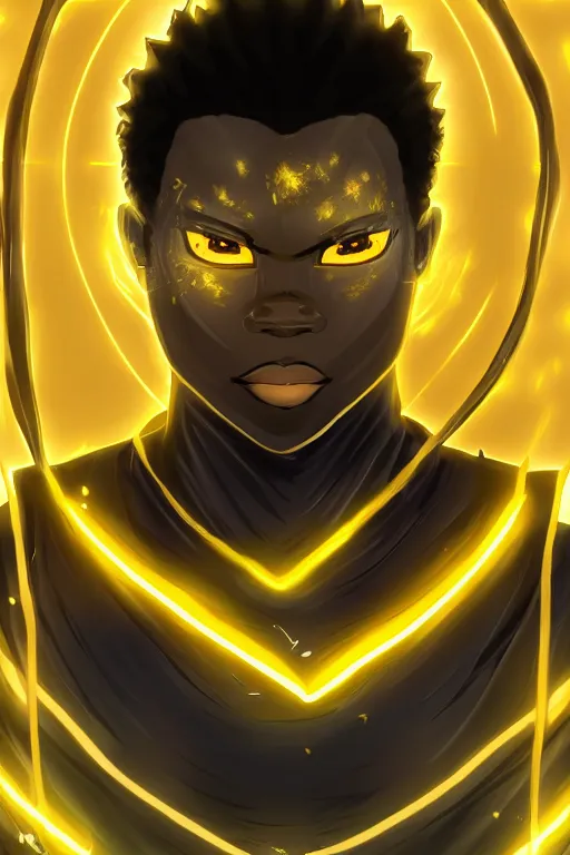 Image similar to glowing black male anime character, golden hair, yellow eyes, symmetrical, face picture, portrait, highly detailed, digital art, sharp focus, trending on art station, samurai, electricity superpowers, anime art style