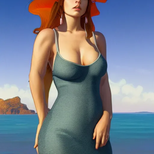 Image similar to full body portrait of addison rae wearing a skintight dress in a beach, large thighs, intricate, elegant, highly detailed, digital painting, artstation, smooth, sharp focus, illustration, art by artgerm and greg rutkowski and alphonse mucha, 8 k