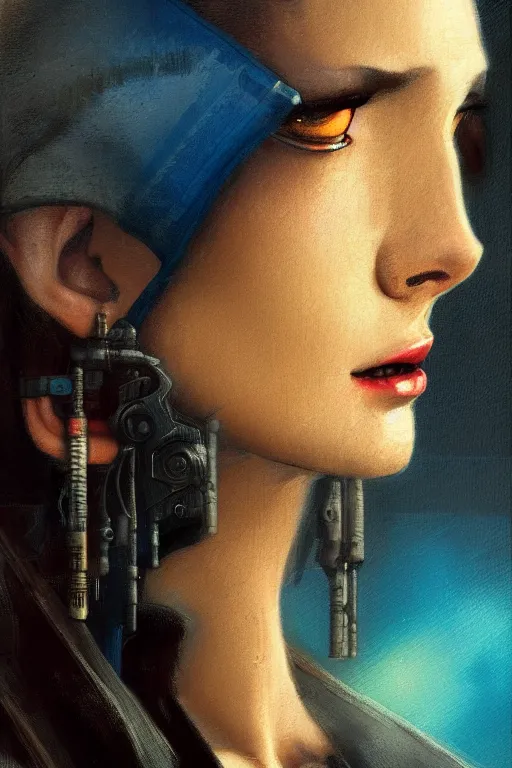 Image similar to character portrait cyberpunk blade runner 2 0 4 9 ( ( ( ( ( ( ( ( totally definitely not negative no not girl with the pearl earring inspired, well maybe a little ) ) ) ) ) ) ), character design, painting by gaston bussiere, katsuya terada, frank frazetta, tom of finland, trending on artstation