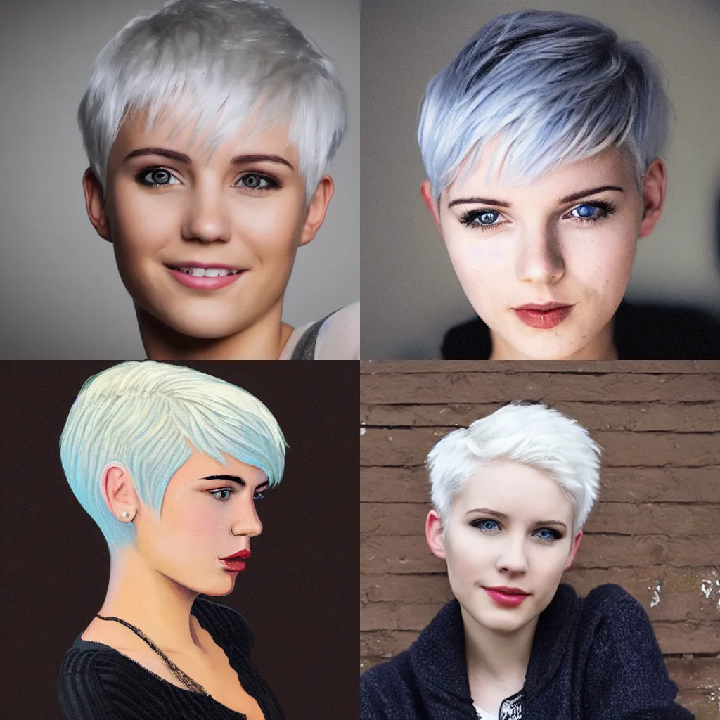Prompt: young woman with short white hair.