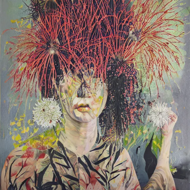 Image similar to “ a portrait in a female art student ’ s apartment, australian wildflowers, sensual, queer woman, flax, flannel flower, bottlebrush, eucalyptus, charred, bushfire, new leaves, art supplies, a candle dripping white wax, aboriginal art, berry juice drips, acrylic and spray paint and oilstick on canvas, surrealism, neoexpressionism ”