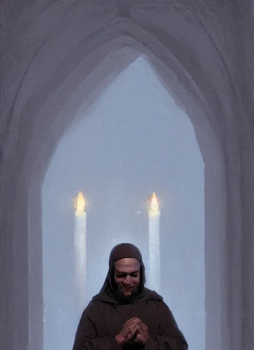 Prompt: oil painting portrait of a weeping sobbing tonsured dominican monk in a brown habit, kneeling in a blue cold moonlit empty small chapel at night, hazy, digital art, artstation, cinematic, moonlight, digital art painting by greg rutkowski, hazy atmosphere, candles, cinematic blue lighting