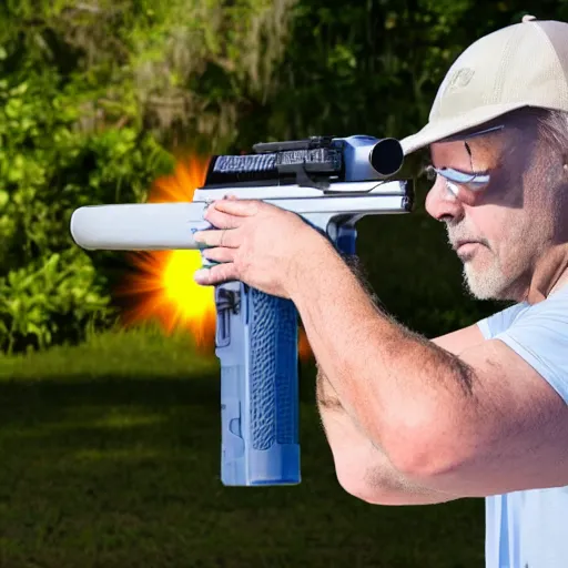 Prompt: a florida man shooting at the sun with a water gun, photorealistic, ultra detailed, high resolution, 8 k