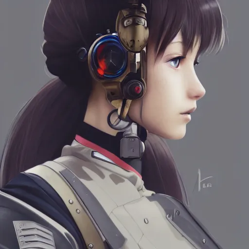 Image similar to pilot girl, cyborg aircraft parts, anime style, vintage pilot clothing, shoulder eyes, last exile anime, hair down, symmetrical facial features, from arknights, hyper realistic, 4 k, rule of thirds, extreme detail, detailed drawing, trending artstation, realistic lighting, by alphonse mucha, greg rutkowski, short neck