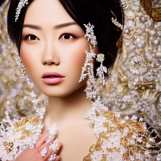 Image similar to portrait of wonderful asian princess of white diamonds with fair skin, white flowers, ornate with white diamonds, 8 k, gorgeous, intricate, detailed, glowing white accent lighting, dramatic lighting, octane render