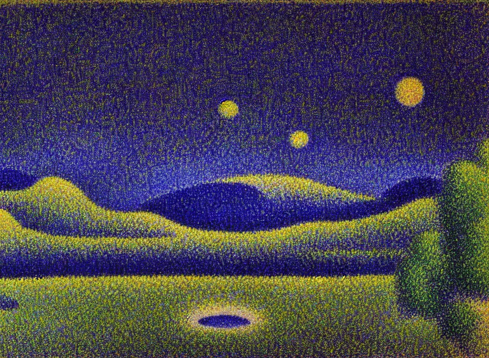 Image similar to a peaceful mountain valley with a lake at night, crescent moon, pointillism, style of georges seurat and paul signac, 4 : 3 aspects