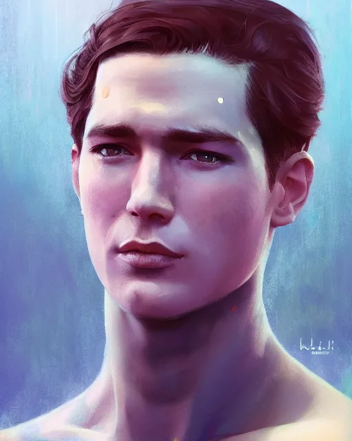 Image similar to man with a cute - fine - face, pretty face, oil slick hair, realistic shaded perfect face, extremely fine details, by realistic shaded lighting, dynamic background, poster by ilya kuvshinov katsuhiro otomo, magali villeneuve, artgerm, jeremy lipkin and michael garmash and rob rey, and silvain sarrailh